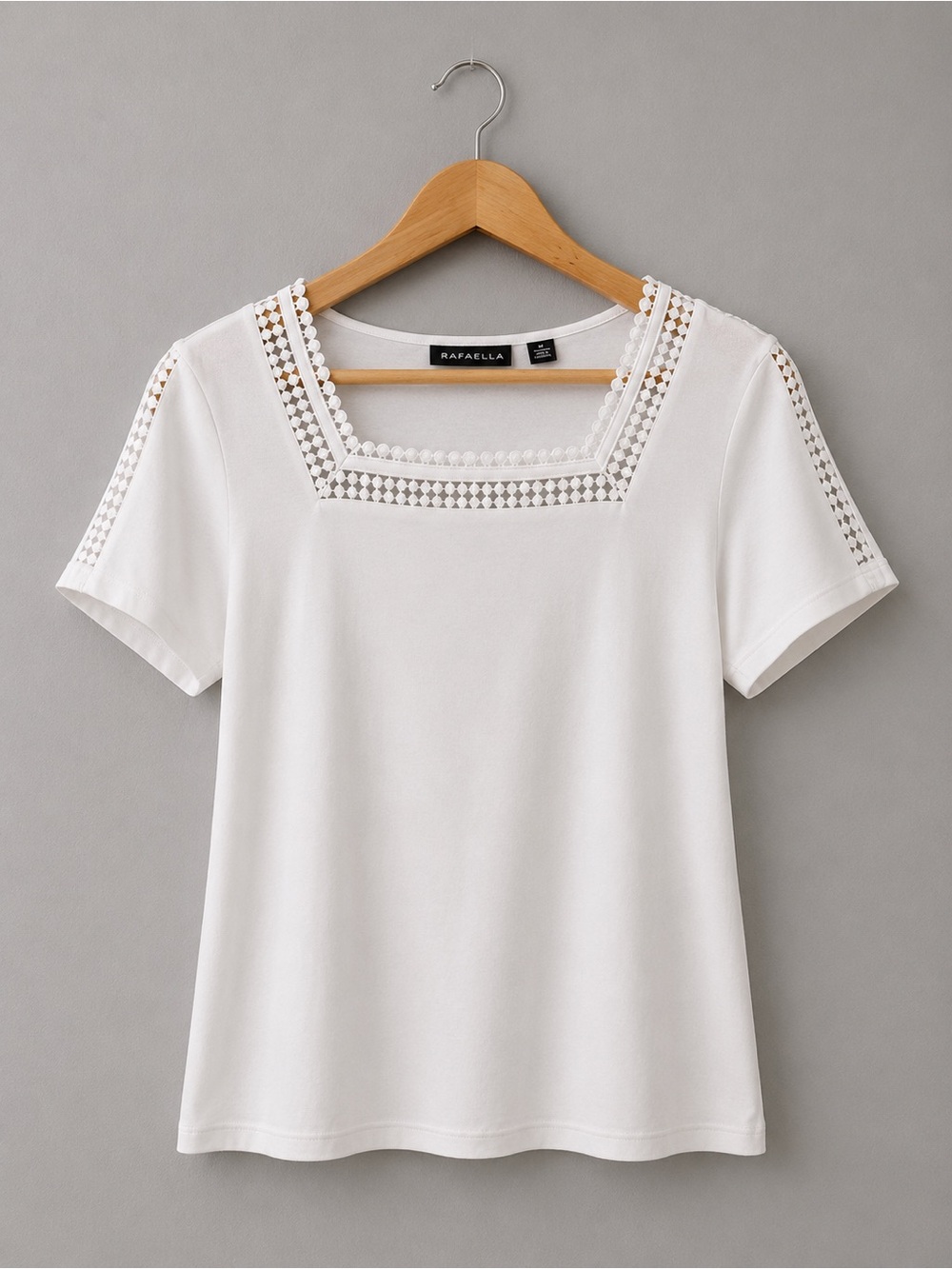 Rafaella White Cotton Knit Top Women’s Medium Square Neck Lace Trim Short Sleeve